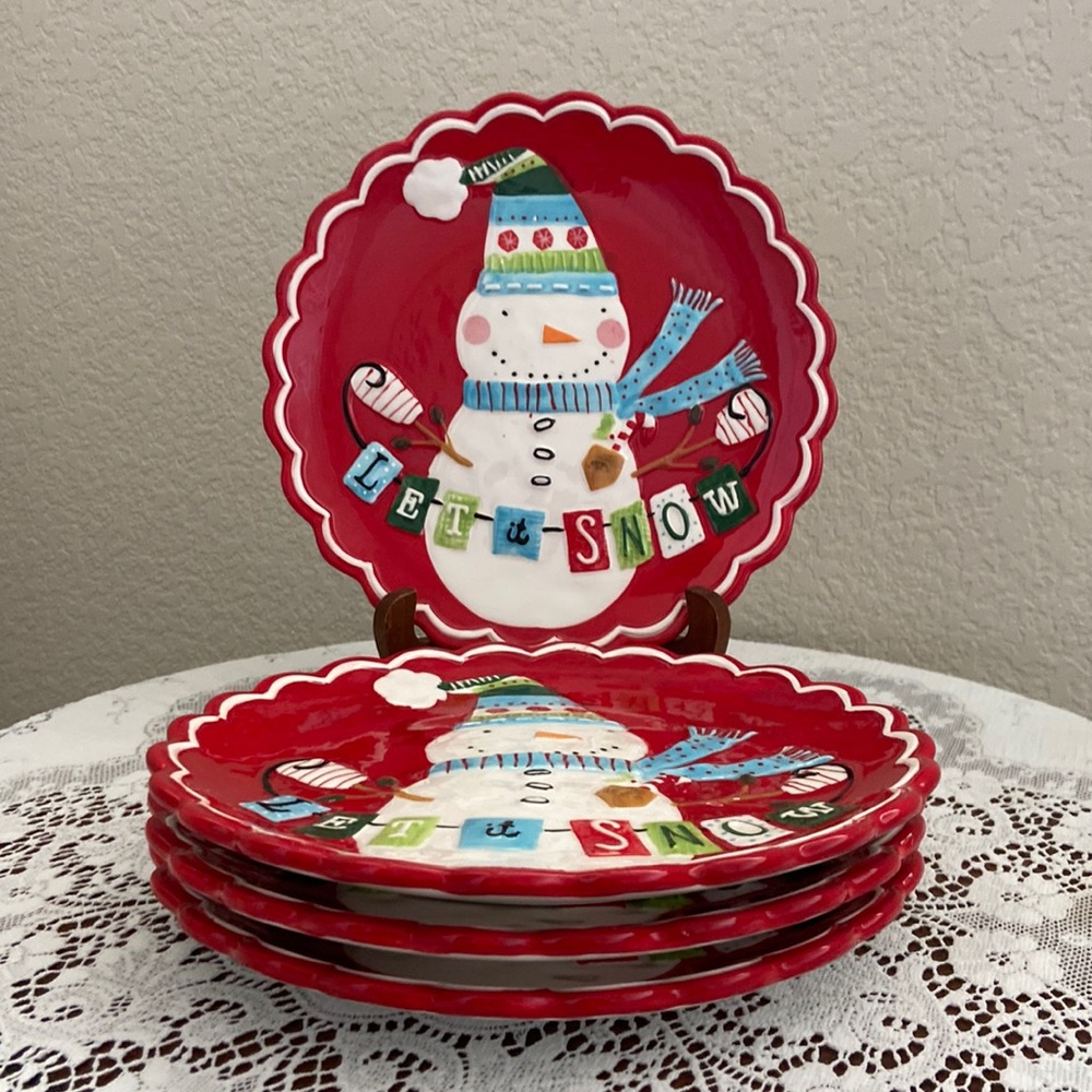 4 Pier 1 Imports Snowman Dishes. Hand Painted Dolomite. Brand New In Box
